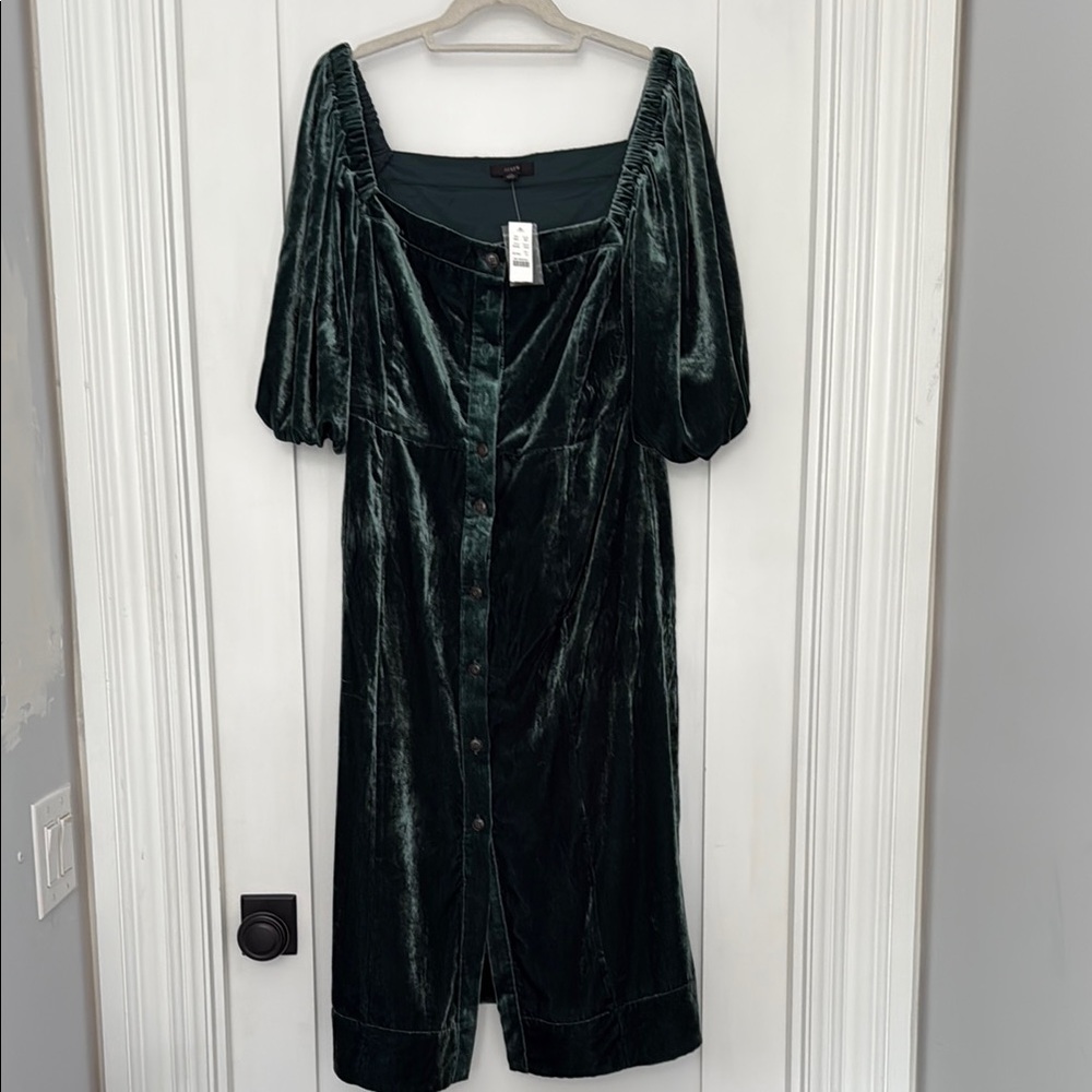 NWT J. Crew Emerald Green Square Neck Velvet  Dress Size 14